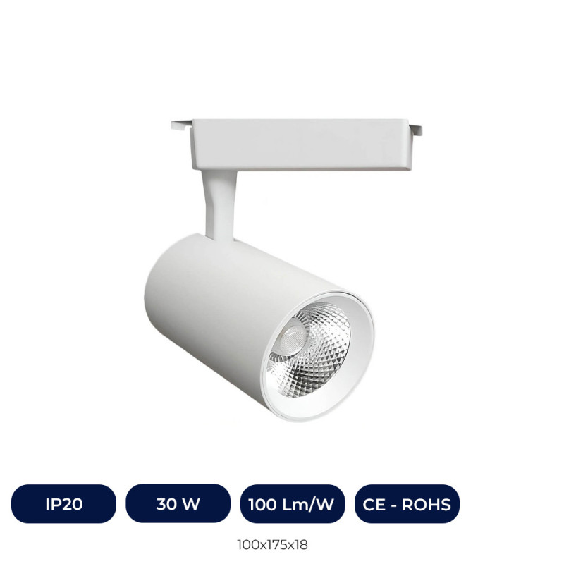 Spot LED Blanc 30W Monophasé sur Rail - CCT - CRI+92 - 48º