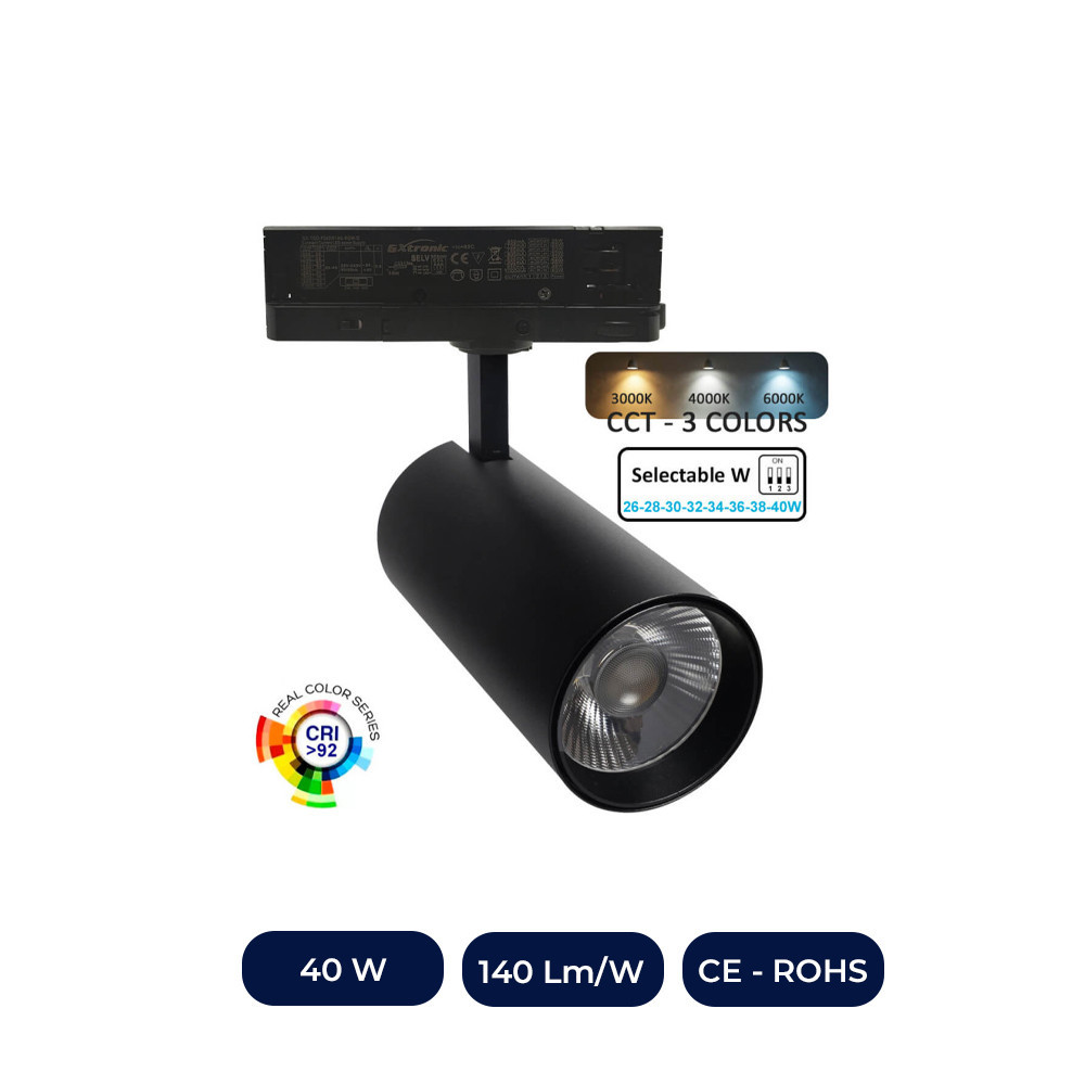 Foco LED 40W - 26W Negro Carril TRIFÁSICO - CCT - CRI+92 - UGR13 - HIGH LUMEN