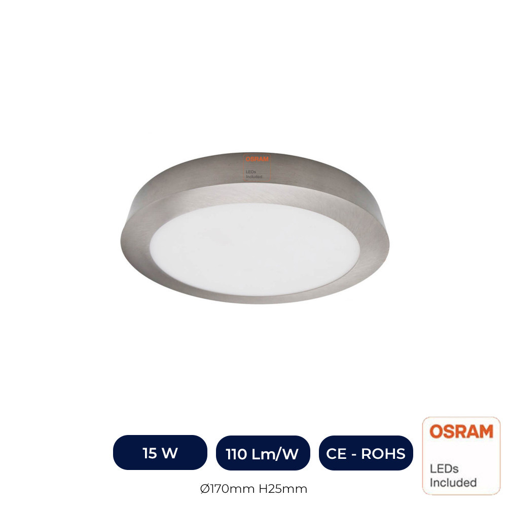 Plafonnier LED 15W Circulaire Inox - CCT - OSRAM CHIP DURIS E 2835