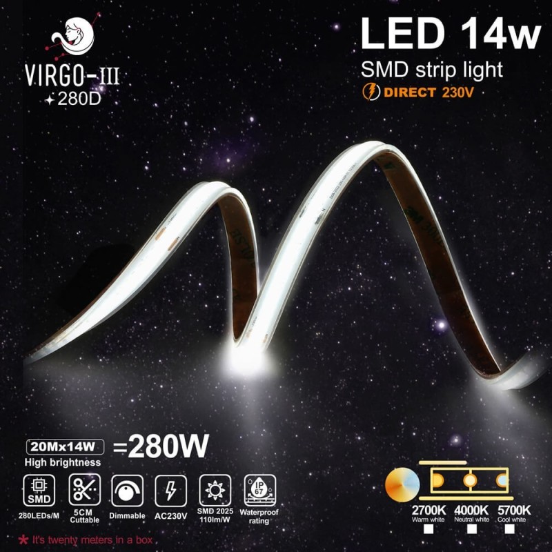 LED Strip 220V 14w 20m IP67 Dimmable - Cut 10cm - High Brightness