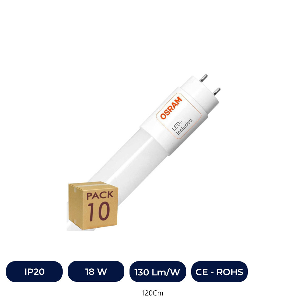 PACK 10 Tubo LED 18W Cristal 120cm 300º - ALTA LUMINOSIDAD - OSRAM CHIP