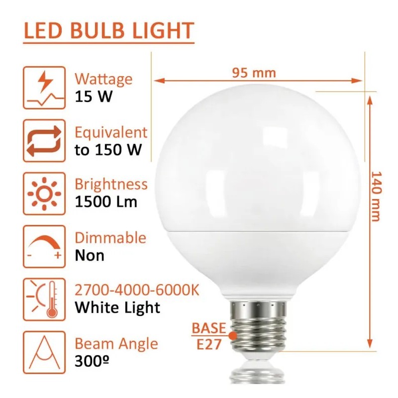 Bombilla LED Globo 15W G95 300º E27 - OSRAM CHIP DURIS E 2835