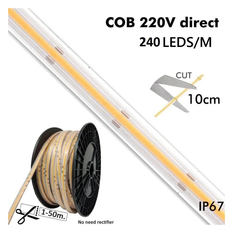 RESERVA ENERO 50 METROS Tira LED COB 220V | 10W/M | 240 LED/M |1200Lm/M| FLIP CHIP | 50m | IP65 | Corte 10cm