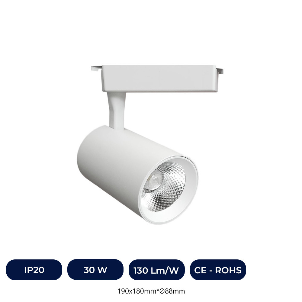 Spot LED 30W Blanc Monophasé sur Rail CRI +92