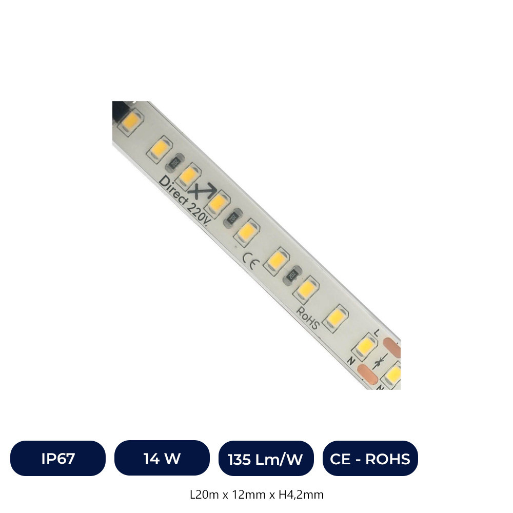 Bande LED 220V | 120xLED/m | 20m | CMS2835 | 1540Lm/M | 14W/M | IP67 | Couper tous les 10 cm