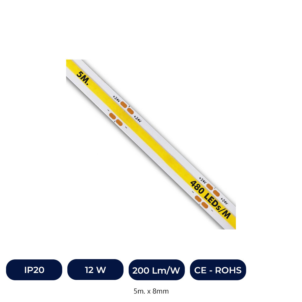 Tira LED COB 24V | 480 LED/m | 5M | FLIP CHIP | 1200Lm |12W/M | CRI90 | IP20