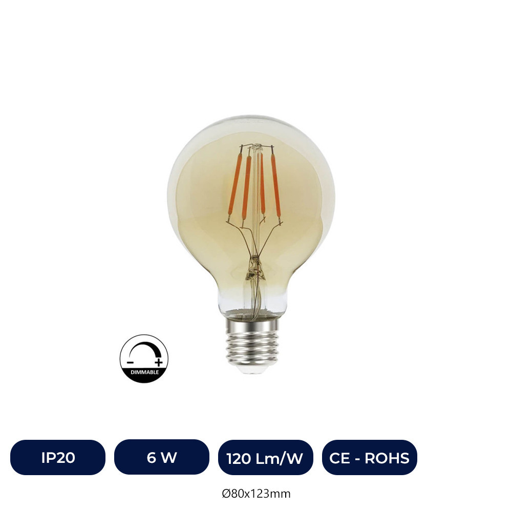 Ampoule LED Vintage Filament 6W E27 G80 Or - DIMABLE