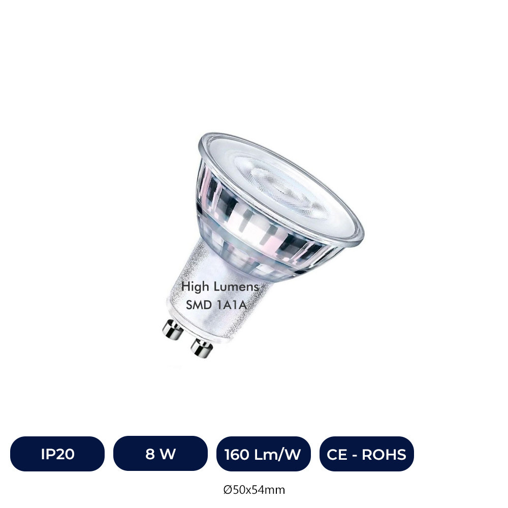 Dicroica LED GU10 8W ALTA LUMINOSIDAD - Cristal - 24º - SMD1A1A