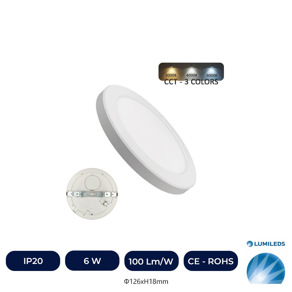 Downlight + Plafonnier LED - Circulaire - BLANC LUMILEDS - 6W RÉGLABLE - CCT Couleur Sélectionnable